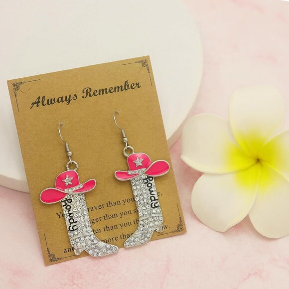 Glitter Rhinestone Cowgirl Earrings for Women, Western Howdy Letter Dangle Boot - Picture 3 of 8